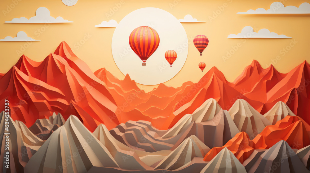 Paper Art of colorful natural landscape view with hot balloon in the air