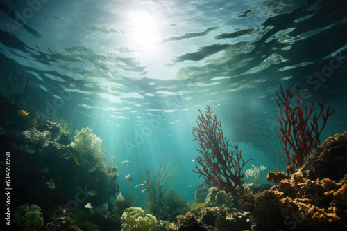 underwater view of a coral reef. Sun rays passing through water