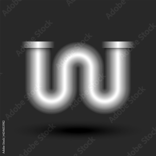 Bold letter W monogram 3d logo metal pipe with flanges smooth curve shape, typography industrial creative design element.