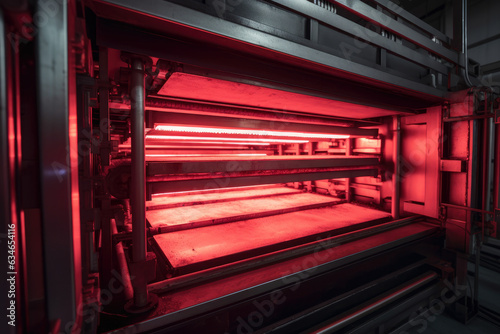 Industrial oven with glowing red coils heating up a metal component in a manufacturing plant photo