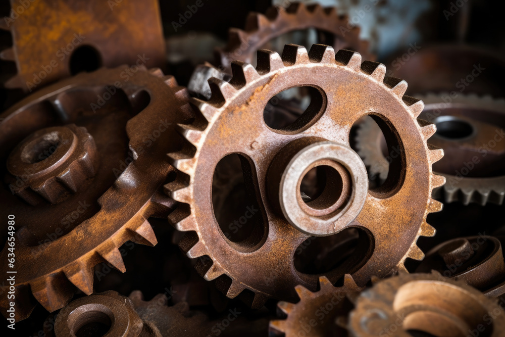 Macro shot of rusty sprockets with interlocking gears in the foreground and blurred industrial machinery in the background Macro shot of rusty sprockets with interlocking gears in the foreground and blurred industrial machinery in the background