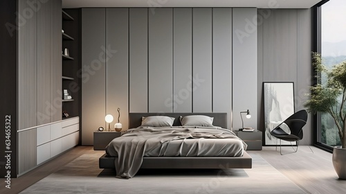Minimalist Haven: Contemporary bedroom with a sleek wardrobe. Embracing simplicity and style © mariiaplo