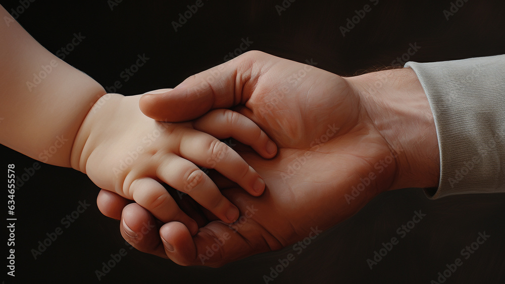 A father's warm hand holding a child's hand A father's warm hand holding a child's hand