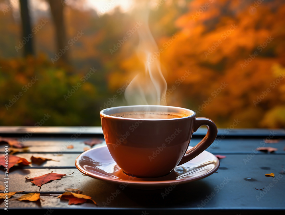 Fotografía de una taza de café, con vapor ascendente, y hojas otoñales coloridas en el fondo. - obrazy, fototapety, plakaty 