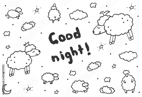 Doodle sleepy vector icon set. Good night hand drawn elements. Sheep, lamp, stars, moon, lettering. Kids bedtime. Best using for children theme