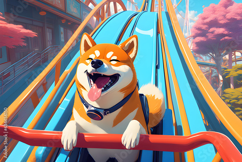 ridiculous Shiba dog on a roller coaster. Generative AI  