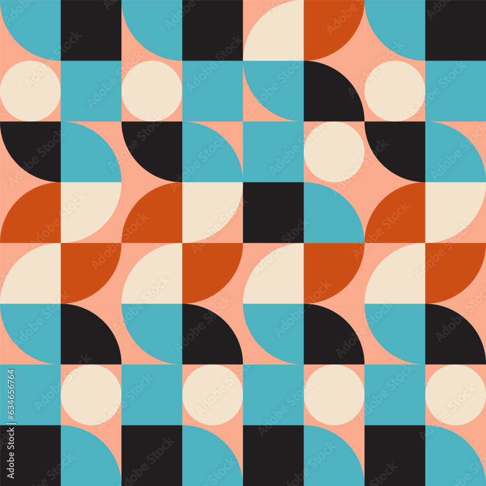 Retro geometric aesthetics. Bauhaus and avant-garde inspired vector background with abstract simple shapes like circle, square, semi circle. Colorful pattern in nostalgic pastel colors. Retro geometric aesthetics. Bauhaus and avant-garde inspired vector background with abstract simple shapes like circle, square, semi circle. Colorful pattern in nostalgic pastel colors.
