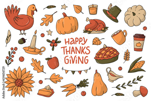set of Thanksgiving doodles, clip art, cartoon elements isolated on white background for stickers, prints, cards, sublimations, magnets, planners, stationary, etc. EPS 10
