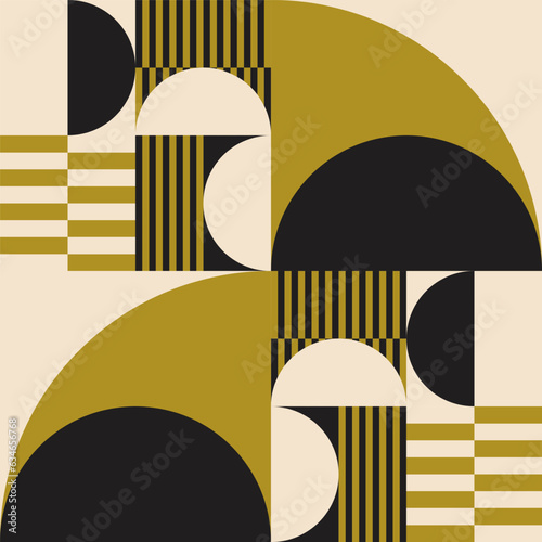 Modern vector abstract  geometric background with circles, rectangles, squares and stripes  in retro Bauhaus style. Pastel colored