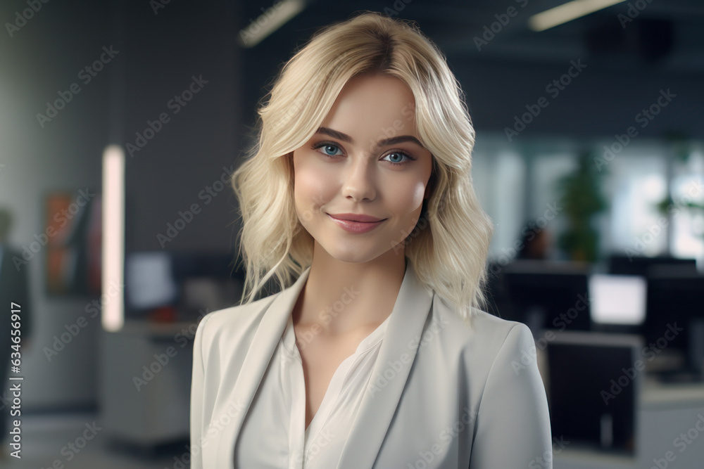 Blond woman smiling in a suit in the office, business lady. AI generative. Blond woman smiling in a suit in the office, business lady. AI generative.