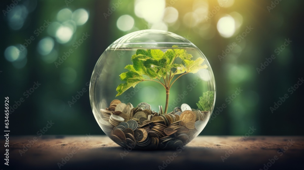 Plant growing out of coins. ESG investment. - obrazy, fototapety, plakaty 