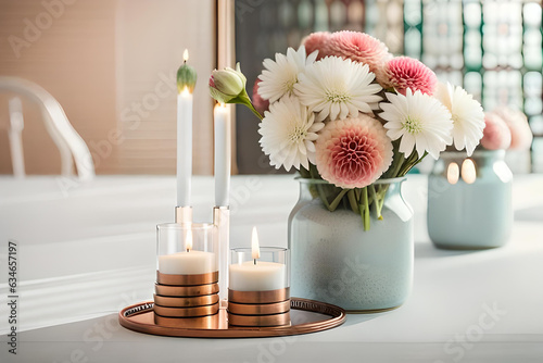 Bouquet of white flowers in a vase  candles on vintage copper tray  wedding home decor on a table