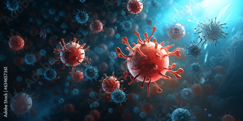 3D illustration Coronavirus COVID-19 virus under microscope in blood sample background. Outbreak of Coronavirus Covid-19 caused pandemic health risk. Corona virus cell