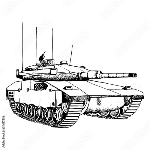 Tank black and white vector illustration. Merkava mark IV of Israel Defense Forces Military machine. Hand drawn war ink clipart