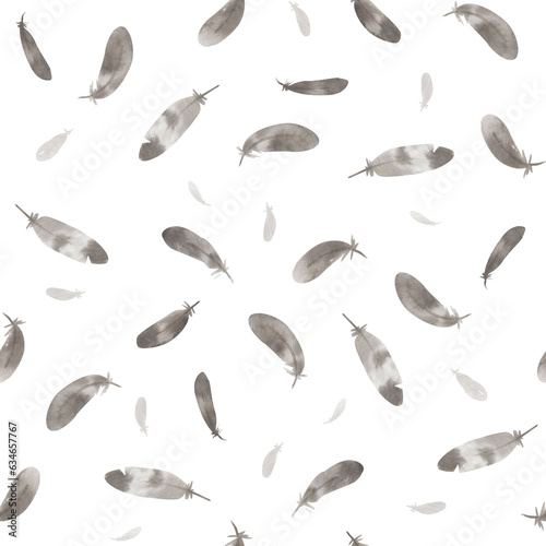 Watercolor pattern with black feathers. Seamless hand-drawn texture with flying feathers.