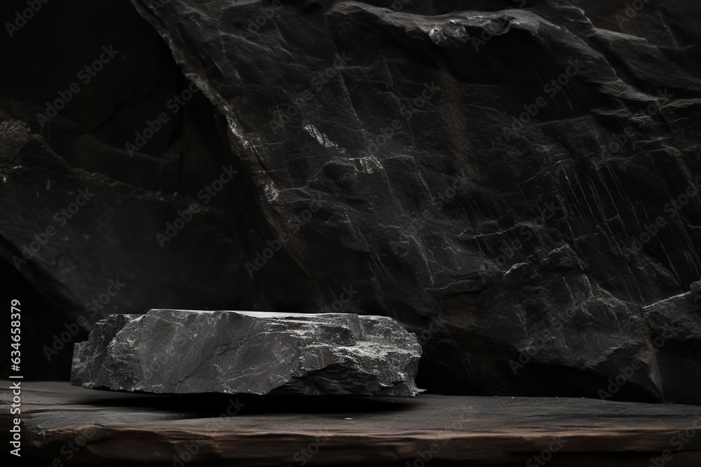 Natural Stone Product Showcase: Display Shelf with Textured Platform and Blurred Ancient Stone Background. created with Generative AI