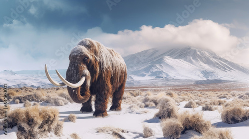 A mammoth in the snowy landscape. elephant mammoth. Generative Ai © tong2530