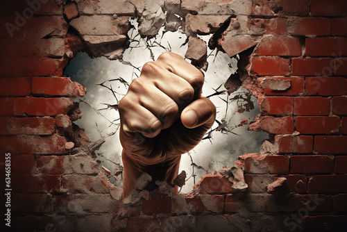 A clenched fist pierces through a brick barrier, exemplifying the raw power of determination and the spirit of breakthrough