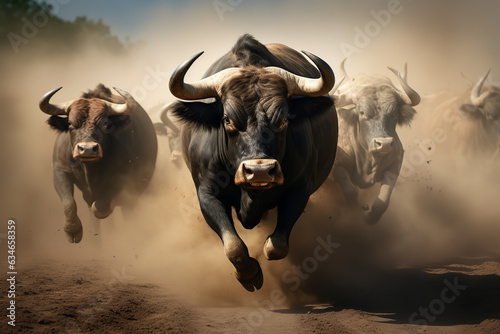 Bulls charge across an open expanse, their energy and momentum capturing the essence of raw power and unstoppable force