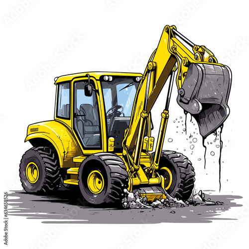 Yellow tractor with backhoe and loader toy isolated on white background, vector illustration. 