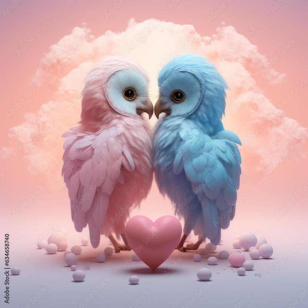 Fototapeta premium A cute, little two baby owls hug each other, a symbol of love. Pastel, creative, animal concept. Valentine's Day, a small owl couple in a pet relationship. Illustration. Generative AI.
