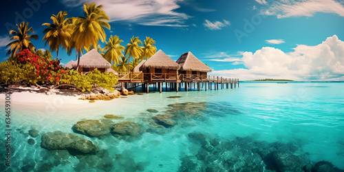 Beautiful utopian Idyllic tropical island with palm trees and amazing beach
