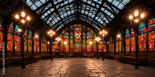 Print op canvas A large room with many stained glass windows