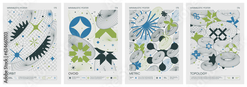 Futuristic retro vector color minimalistic Posters in pastel colors with 3d strange wireframes form graphic of geometrical shapes modern design inspired by brutalism and silhouette basic figures, set 