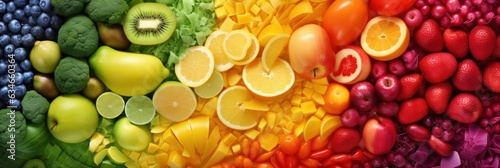 Variety of fresh fruits, top view, bright rainbow colors. photo