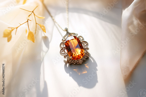 A luminous topaz pendant, resting on white marble, casts a subtle shadow, embodying elegance and the allure of natural gemstones photo