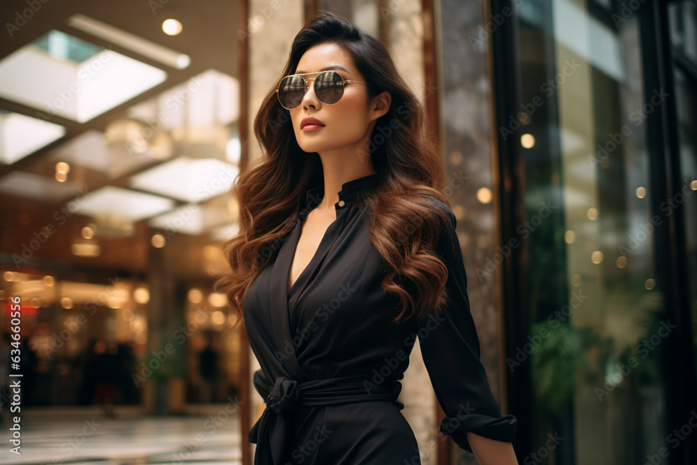 Chinese woman, professional business woman, sunglasses, fancy clothes. shopping concept. AI generated illustration