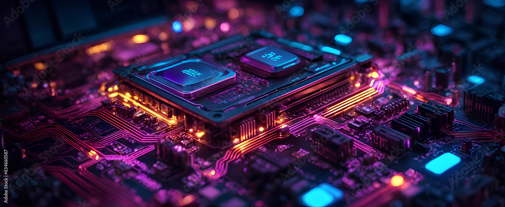 Obraz premium Neon illuminated printed circuit board with processor, technology concept.