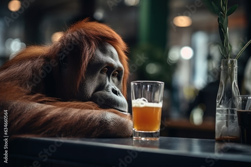 Drinking orangutan with alcohol in a pub.