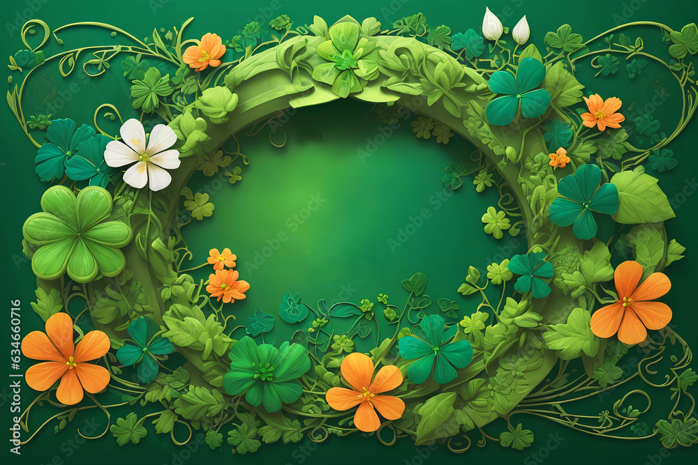 Decorative flower frame with clover shamrocks for St. Patrick's Day.