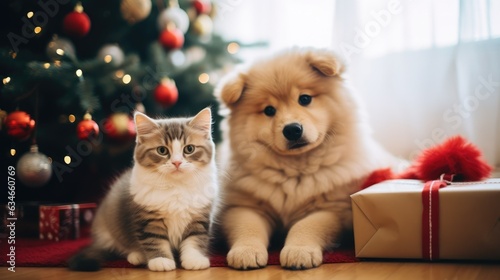cute kitten and puppy adorned with christmas