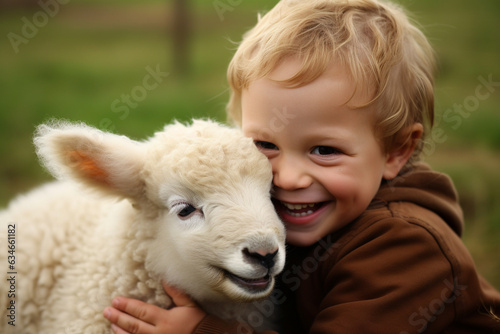 A child grinning from ear to ear as a baby lamb nuzzles against their hand, friendship with animals Generative AI
