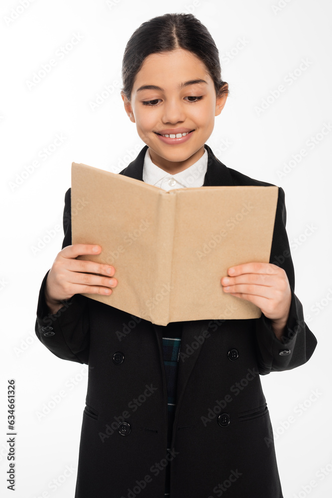 happy schoolgirl in uniform reading book, student with brunette hair isolated on white, smart girl happy schoolgirl in uniform reading book, student with brunette hair isolated on white, smart girl