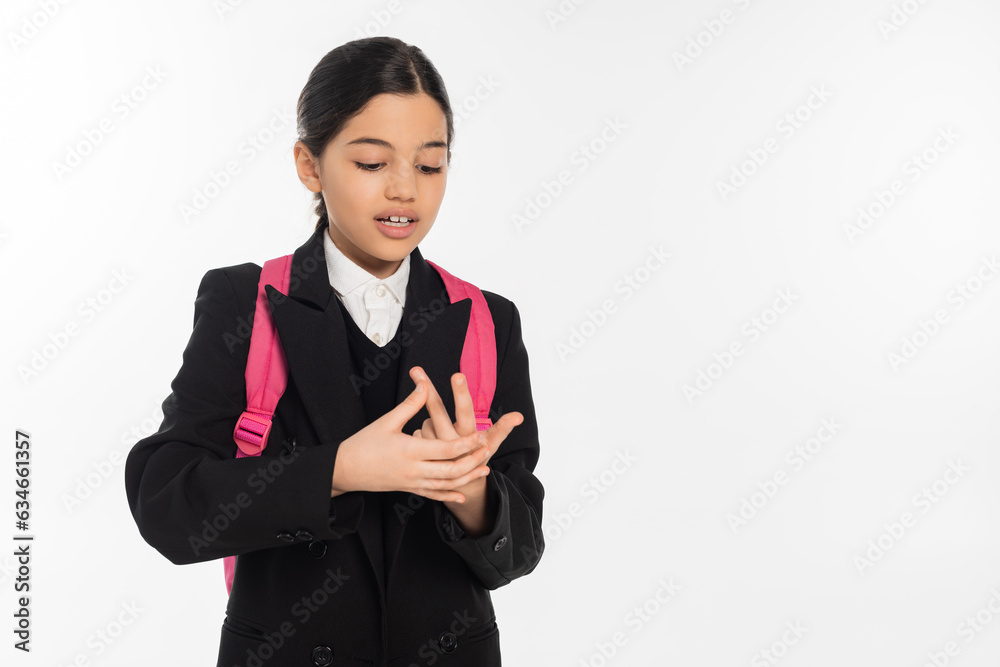 brunette schoolgirl counting on fingers isolated on white, student in uniform, education, smart brunette schoolgirl counting on fingers isolated on white, student in uniform, education, smart