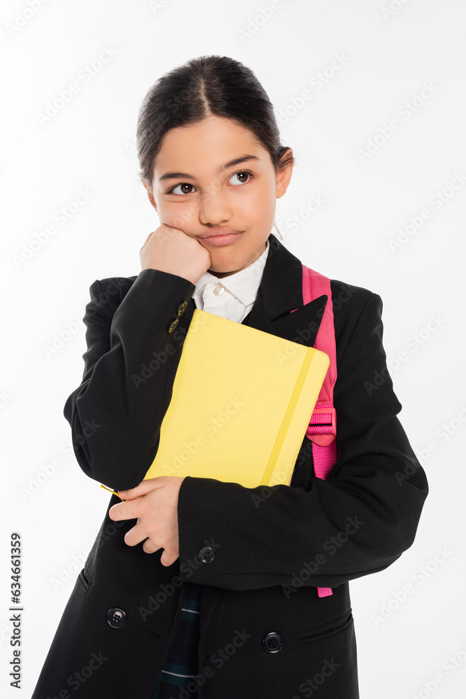 bored schoolgirl standing with notebooks isolated on white, back to school, displeased student bored schoolgirl standing with notebooks isolated on white, back to school, displeased student