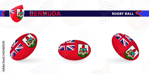 Rugby ball set with the flag of Bermuda in various angles on abstract background.