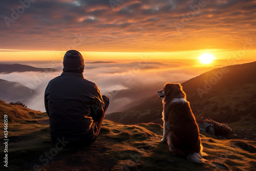 A person and their dog peacefully watching the sunrise from a mountaintop, embracing the beauty of a shared moment, friendship with animals Generative AI