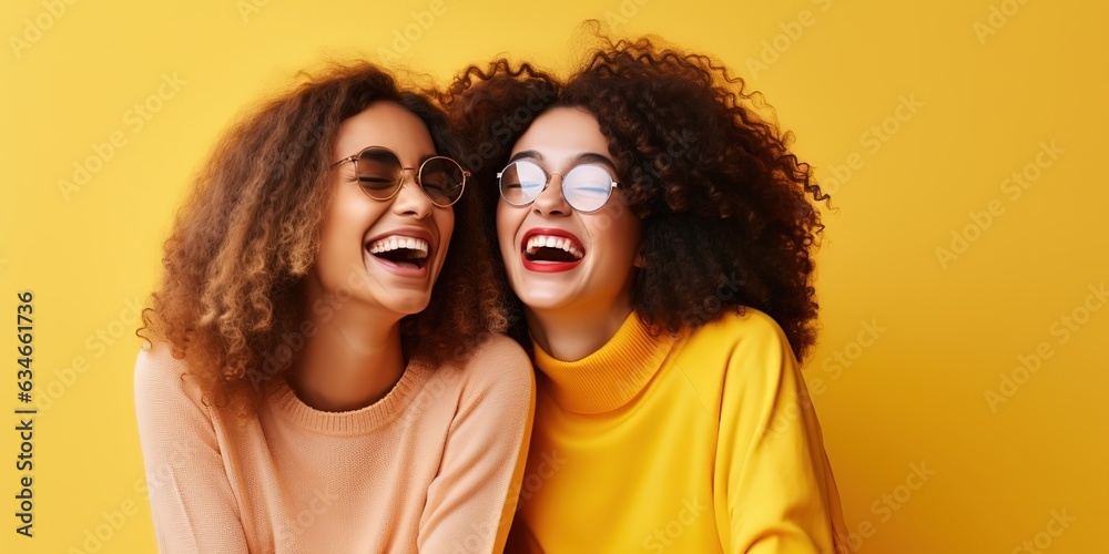 Positive joyful young women laugh cheerfully smiling joyfully.