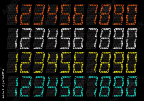 Electronic figures. Digital glowing numbers. LCD numbers for a electronic devices. Vector illustration.