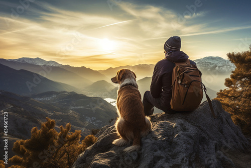 A person and their dog gazing out from a mountain peak, celebrating the beauty of shared adventures, friendship with animals Generative AI