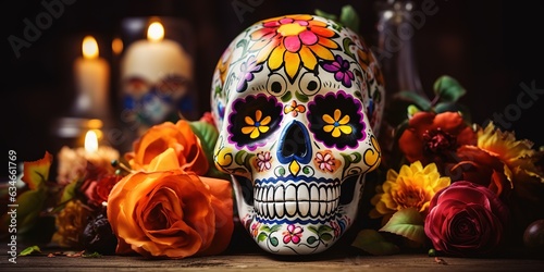 Painted human skull for the Day of the Dead, pumpkins and flowers on the table.