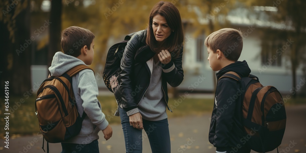 Mother encouraging boys who dislike going to school