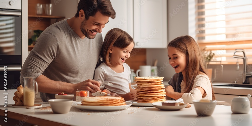 Husband treats his family with delicious pancakes in the morning, daily life. - obrazy, fototapety, plakaty 