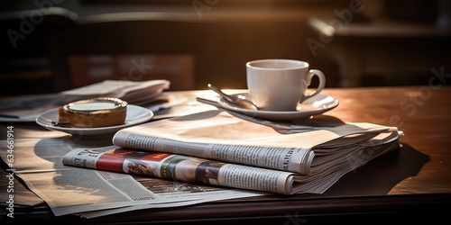 A stack of newspapers and a cup of coffee on the table