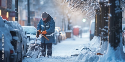 A janitor with a shovel walks along a snow-covered sidewalk.