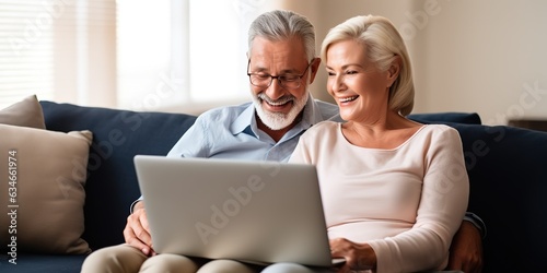 Happy middle aged married couple having fun using laptop computer at home.